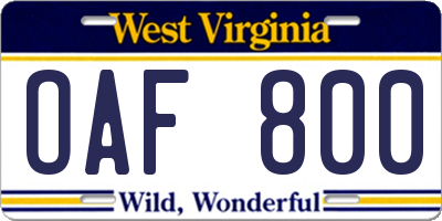 WV license plate OAF800
