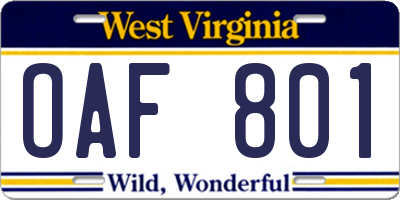 WV license plate OAF801