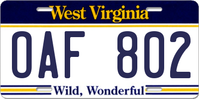 WV license plate OAF802