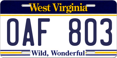 WV license plate OAF803