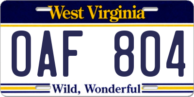 WV license plate OAF804