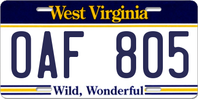 WV license plate OAF805