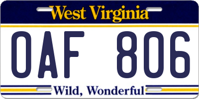 WV license plate OAF806
