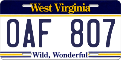 WV license plate OAF807
