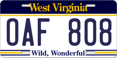 WV license plate OAF808