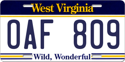 WV license plate OAF809