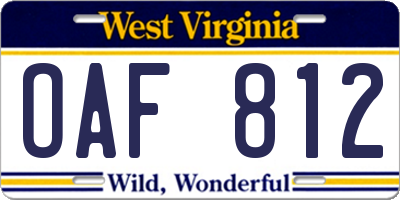 WV license plate OAF812