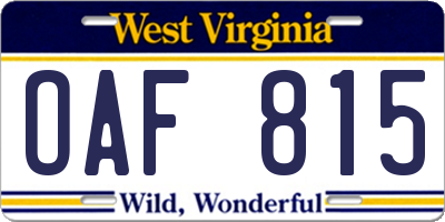 WV license plate OAF815