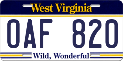 WV license plate OAF820
