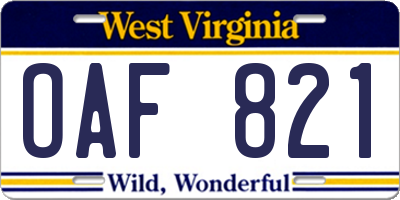 WV license plate OAF821