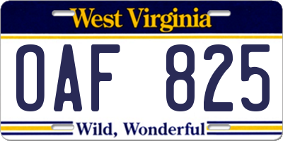 WV license plate OAF825
