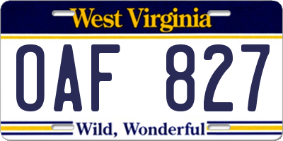 WV license plate OAF827