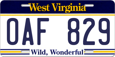 WV license plate OAF829