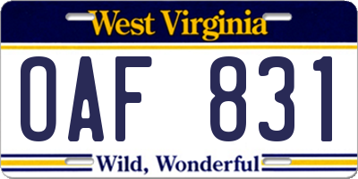 WV license plate OAF831