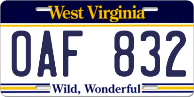 WV license plate OAF832