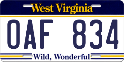 WV license plate OAF834