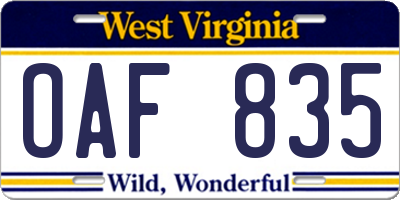 WV license plate OAF835