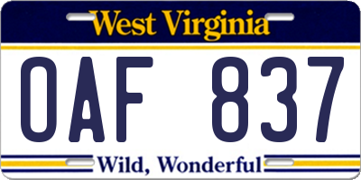 WV license plate OAF837