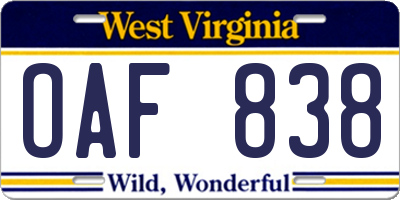 WV license plate OAF838