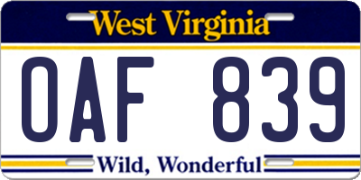 WV license plate OAF839