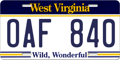 WV license plate OAF840