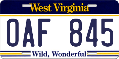 WV license plate OAF845