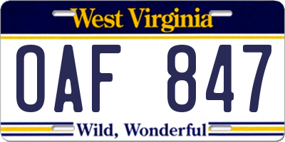 WV license plate OAF847