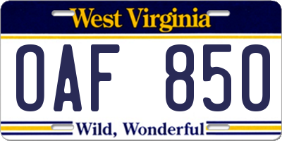 WV license plate OAF850