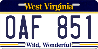 WV license plate OAF851