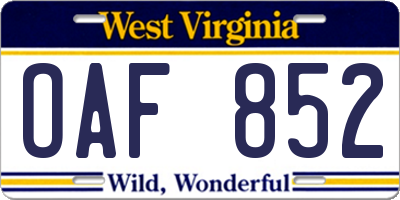WV license plate OAF852