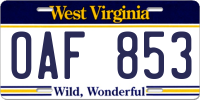 WV license plate OAF853