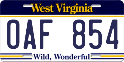 WV license plate OAF854
