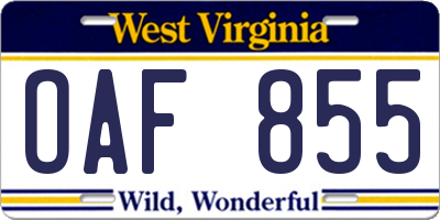 WV license plate OAF855