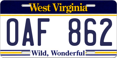 WV license plate OAF862