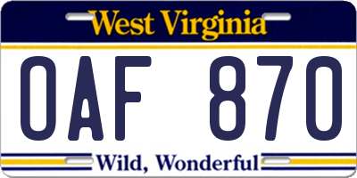 WV license plate OAF870