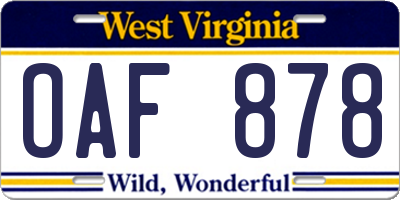 WV license plate OAF878