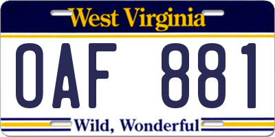 WV license plate OAF881