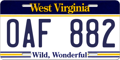 WV license plate OAF882