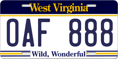 WV license plate OAF888