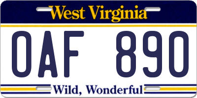 WV license plate OAF890