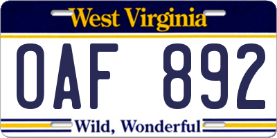 WV license plate OAF892