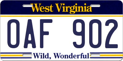 WV license plate OAF902