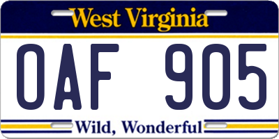 WV license plate OAF905
