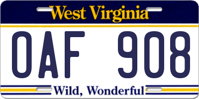 WV license plate OAF908
