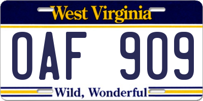 WV license plate OAF909
