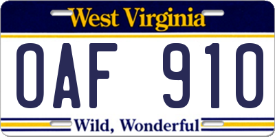 WV license plate OAF910