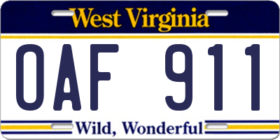 WV license plate OAF911