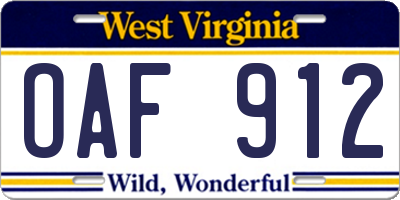 WV license plate OAF912