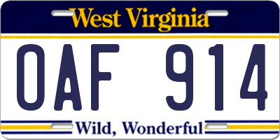 WV license plate OAF914