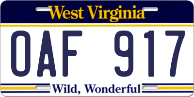 WV license plate OAF917